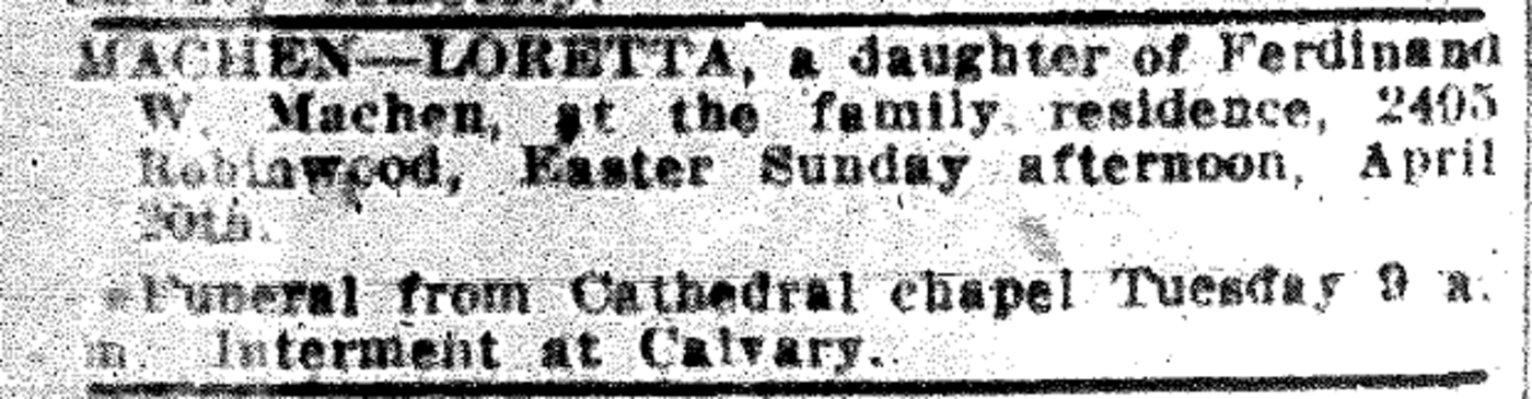 Loretta Machen death notice from the April 21, 1919 Toledo Blade