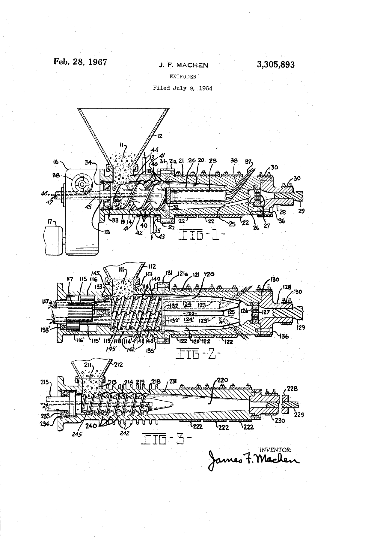 Original patent drawing for James F. Machen's Extruder