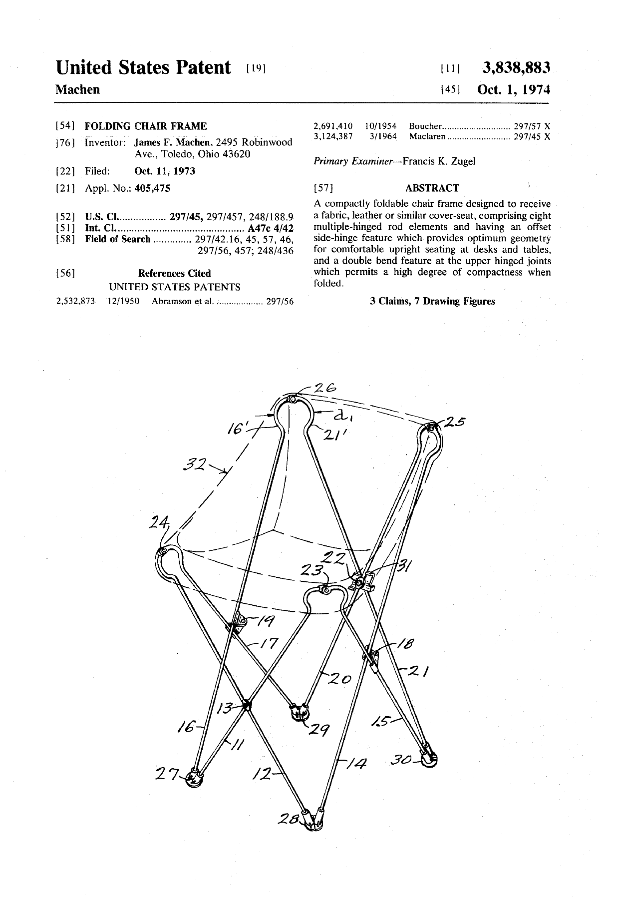 Original patent drawing for James F. Machen's Folding Chair Frame