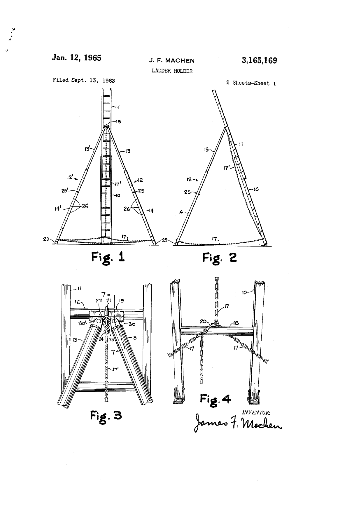 Original patent drawing for James F. Machen's Ladder Holder